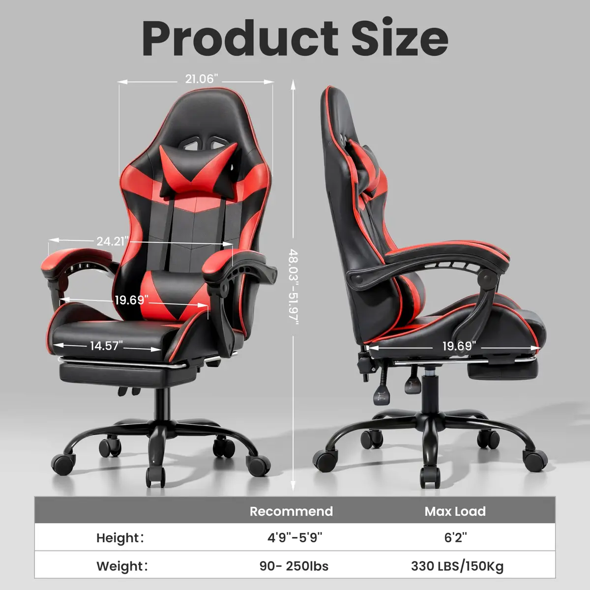 Ray Bear Gaming Chair, Ergonomic Footrest, Lumbar & Headrest (Red Black) | Support for Long Gaming & Work Sessions - view 7