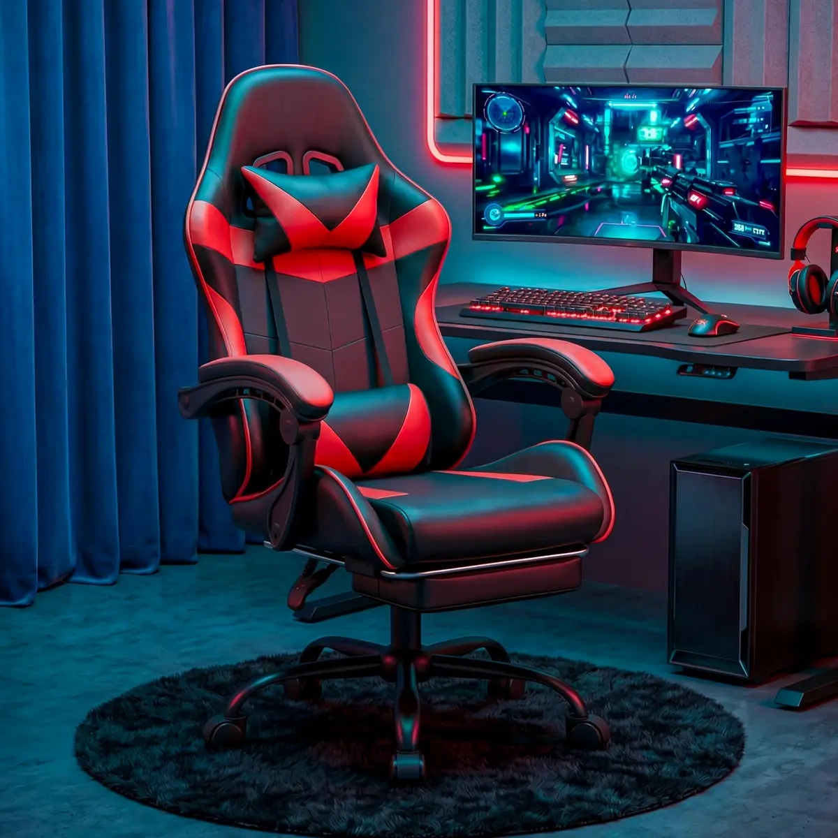 Ray Bear Gaming Chair, Ergonomic Footrest, Lumbar & Headrest (Red Black) | Support for Long Gaming & Work Sessions - view 2