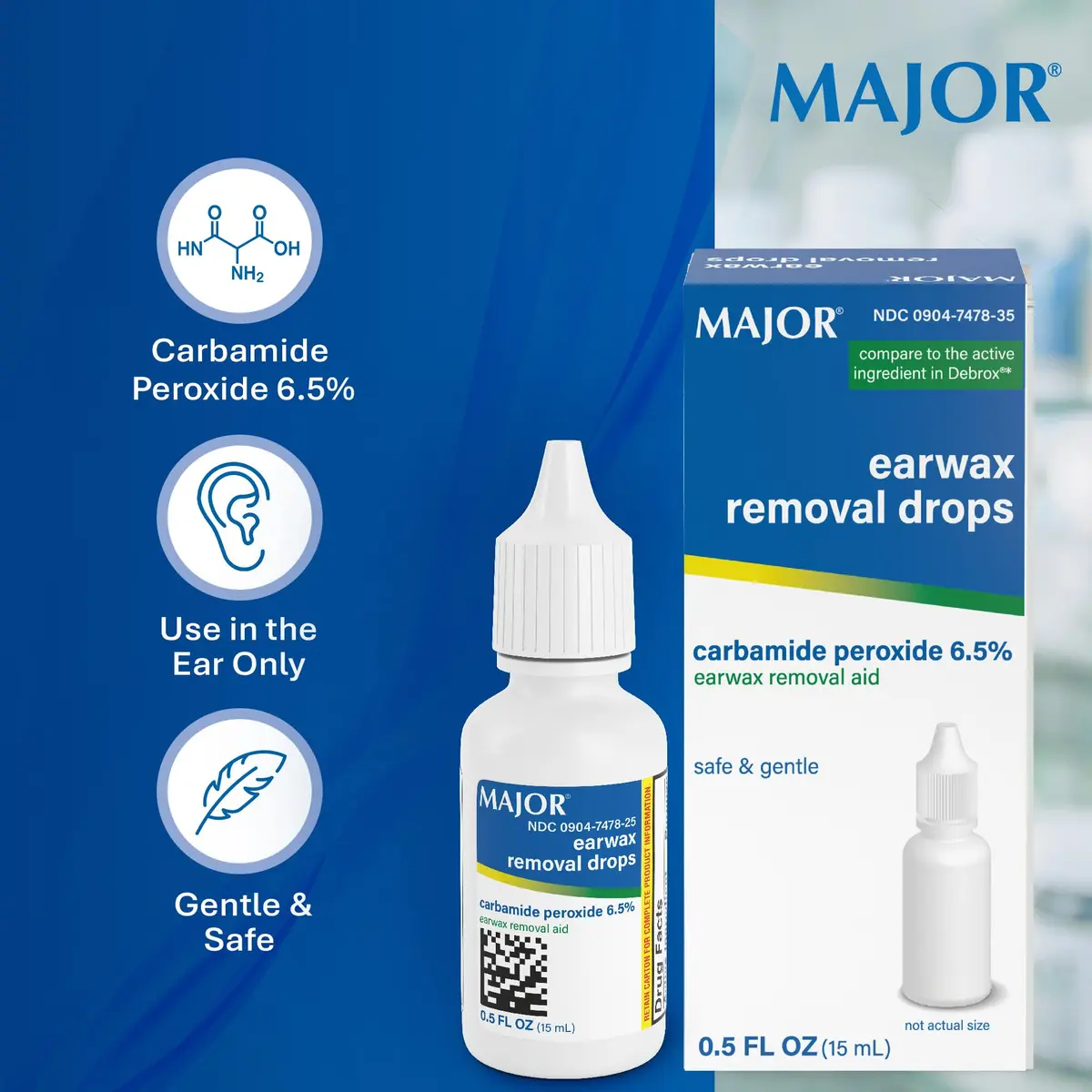 MAJOR Earwax Removal Drops with 6.5% Carbamide Peroxide | Gentle & Safe Ear Cleaning Solution for Adults & Kids 12+ - view 6