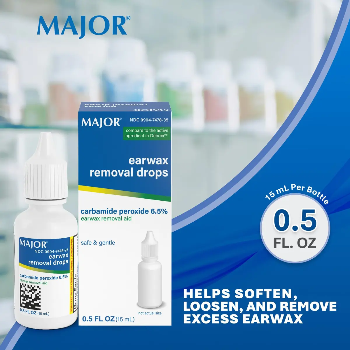 MAJOR Earwax Removal Drops with 6.5% Carbamide Peroxide | Gentle & Safe Ear Cleaning Solution for Adults & Kids 12+ - view 2