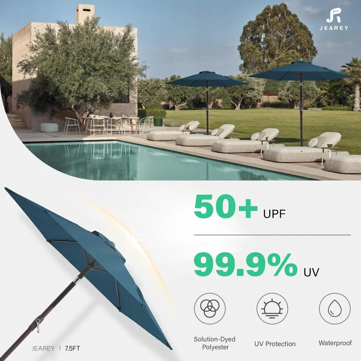 JEAREY 7.5 ft Outdoor Patio Umbrella, Lake Blue | Windproof & UV Resistant - view 7