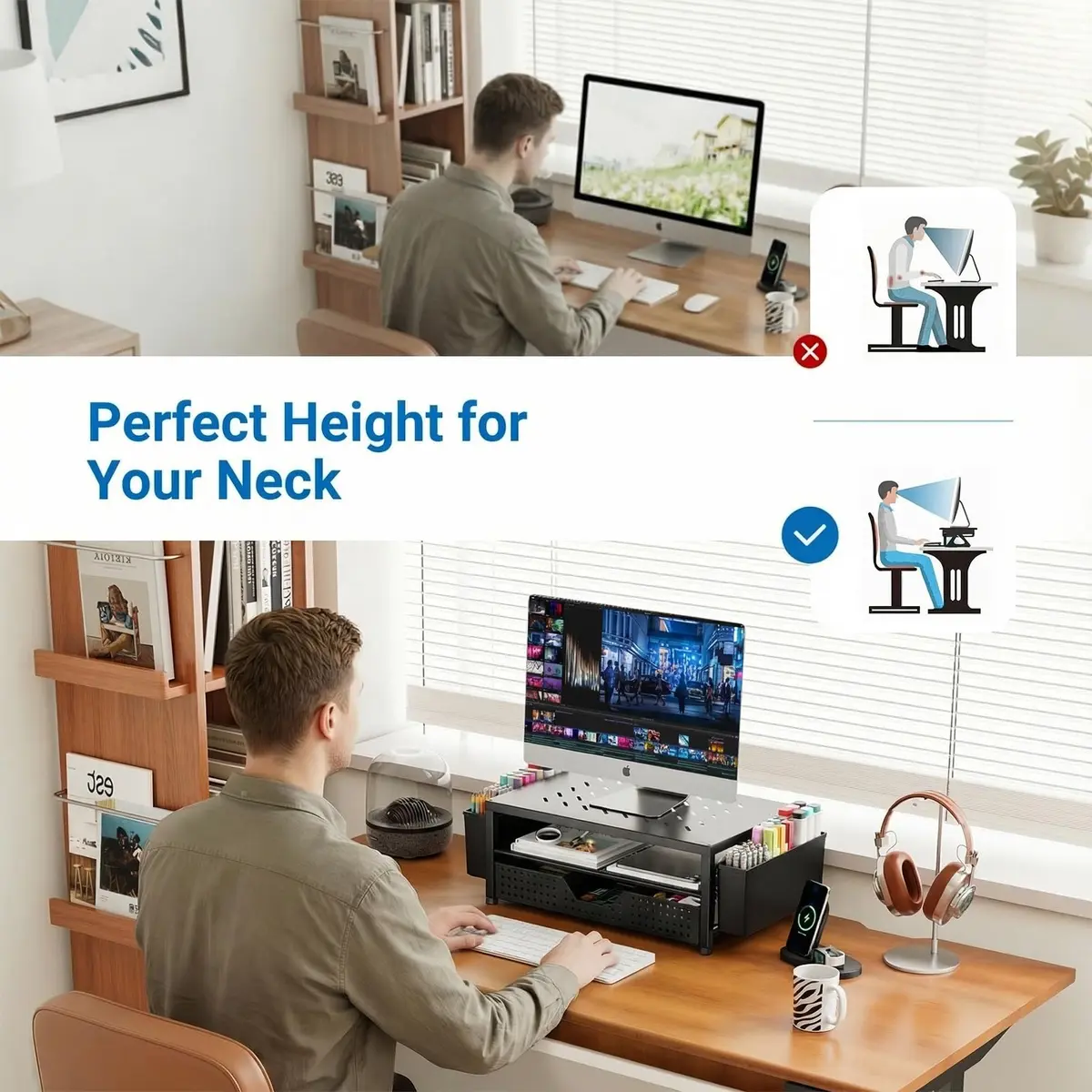 OPNICE 2-Tier Monitor Stand Riser with Drawer and Pen Holders, Laptop Stand, 1.67 kg (3.3 lb), Black-Ventilated | Ergonomic Design for Office Supplies - view 3