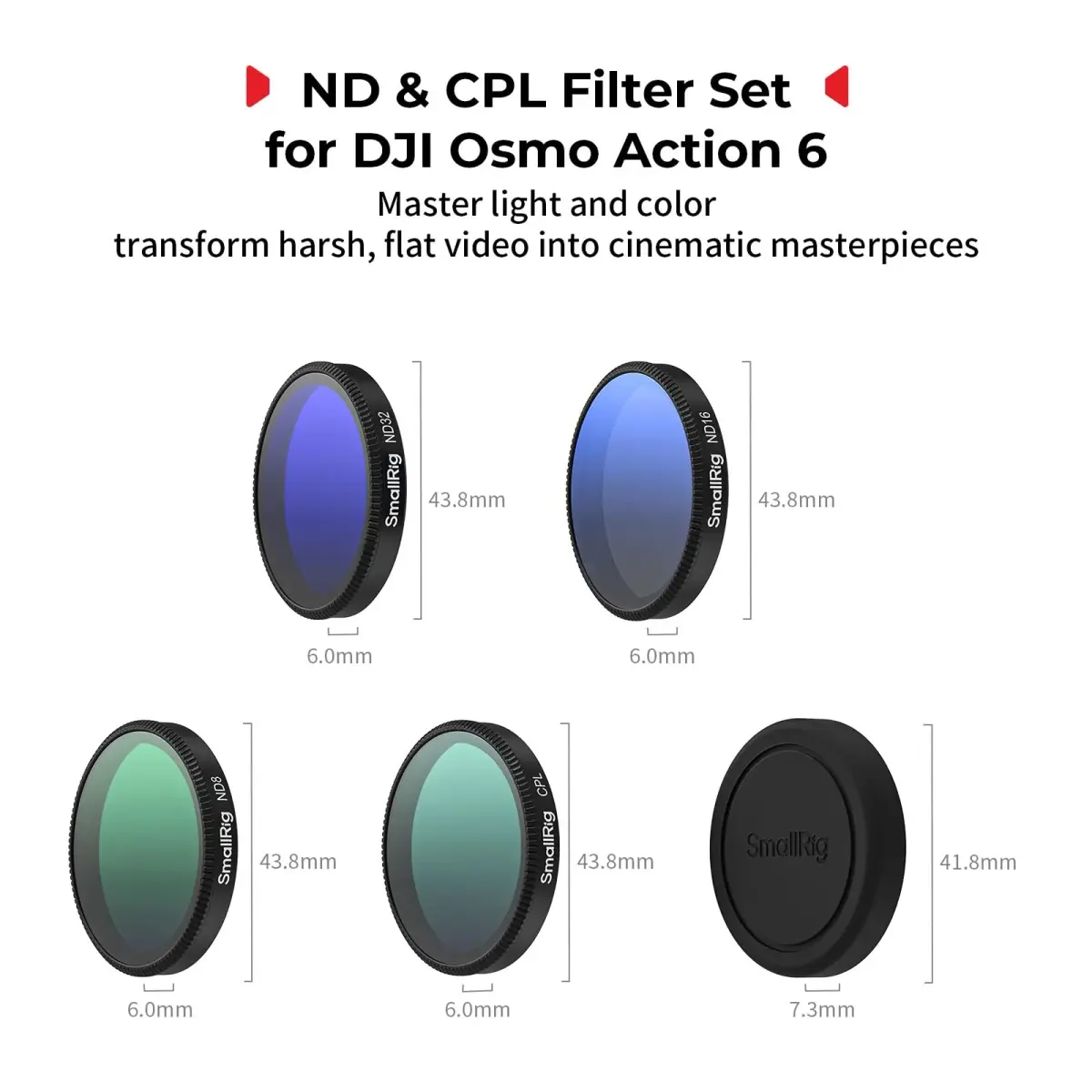 SmallRig ND Filter Kit for DJI Osmo Action 6, CPL ND8 ND16 ND32 Filters & Lens Cover | 43.86mm HD Optical Glass - view 2