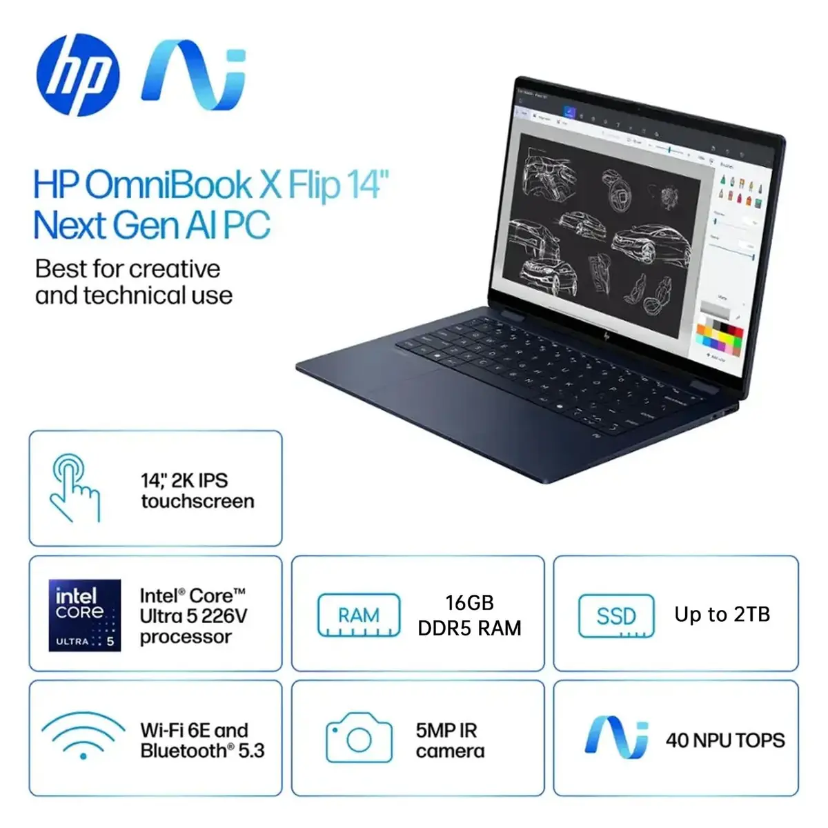 HP OmniBook X Flip 14 2-in-1 Laptop 14" WUXGA IPS, Intel 8-core Ultra 5 226V, 16GB RAM, 512GB SSD, Thunderbolt 4, Windows 11 Pro - view 3