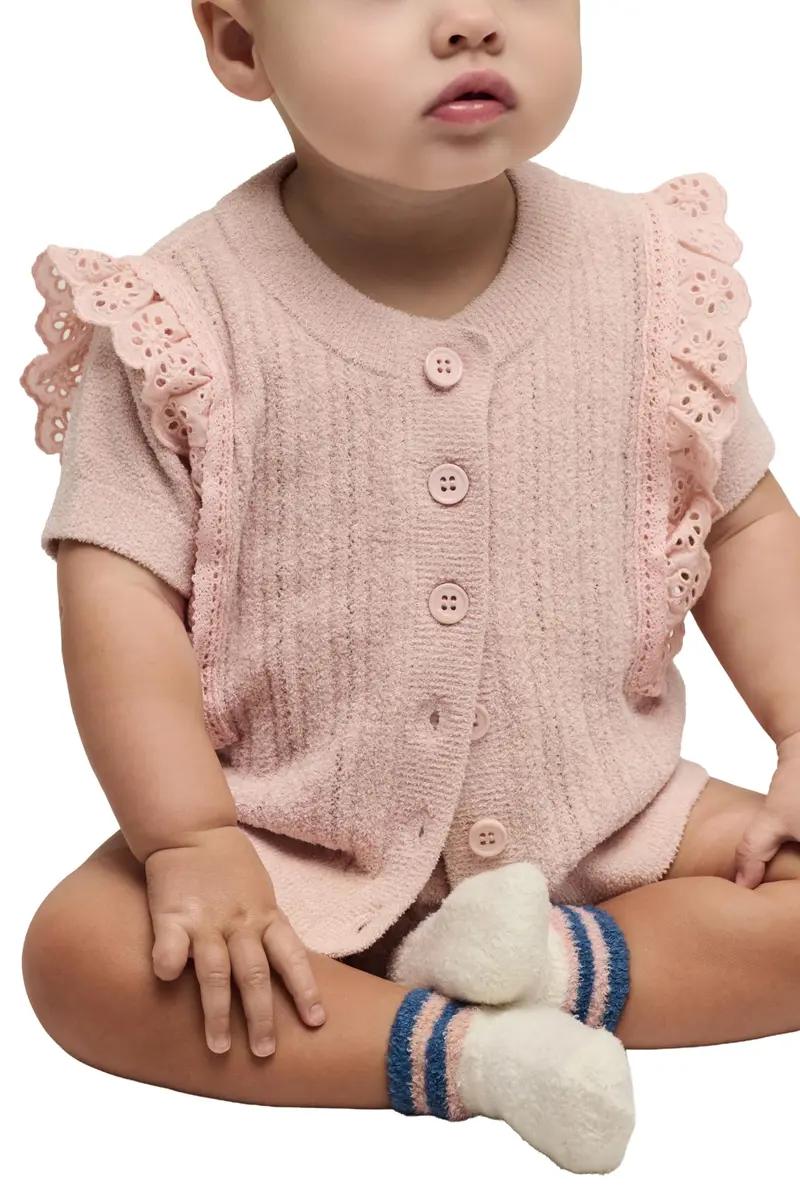 Barefoot Dreams CozyChic Ultra Lite Baby Set with Cotton Eyelet Ruffle, Dusty Rose, 6-12 Months | Soft, Luxurious Baby Outfit - main product image