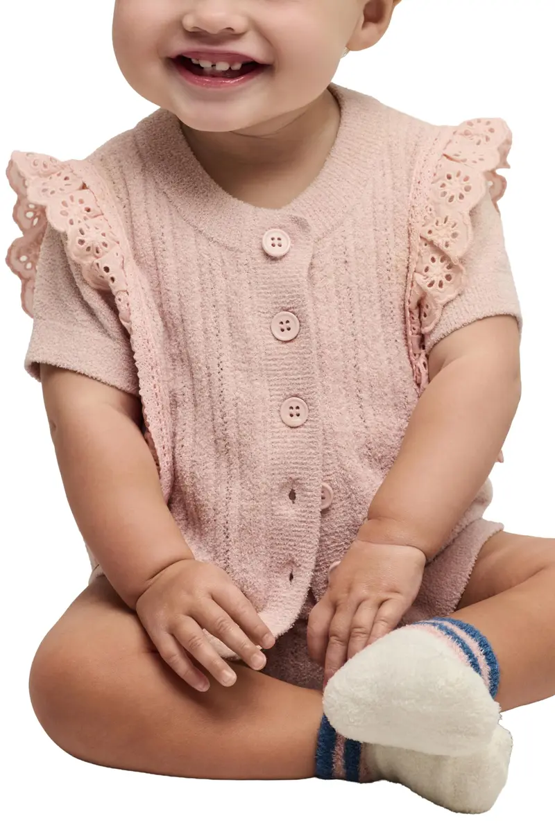 Barefoot Dreams CozyChic Ultra Lite Baby Set with Cotton Eyelet Ruffle, Dusty Rose, 6-12 Months | Soft, Luxurious Baby Outfit - view 2