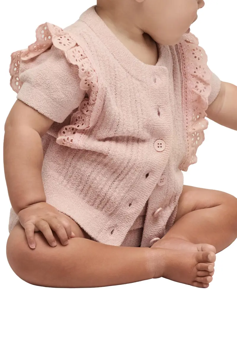 Barefoot Dreams CozyChic Ultra Lite Baby Set with Cotton Eyelet Ruffle, Dusty Rose, 6-12 Months | Soft, Luxurious Baby Outfit - view 4