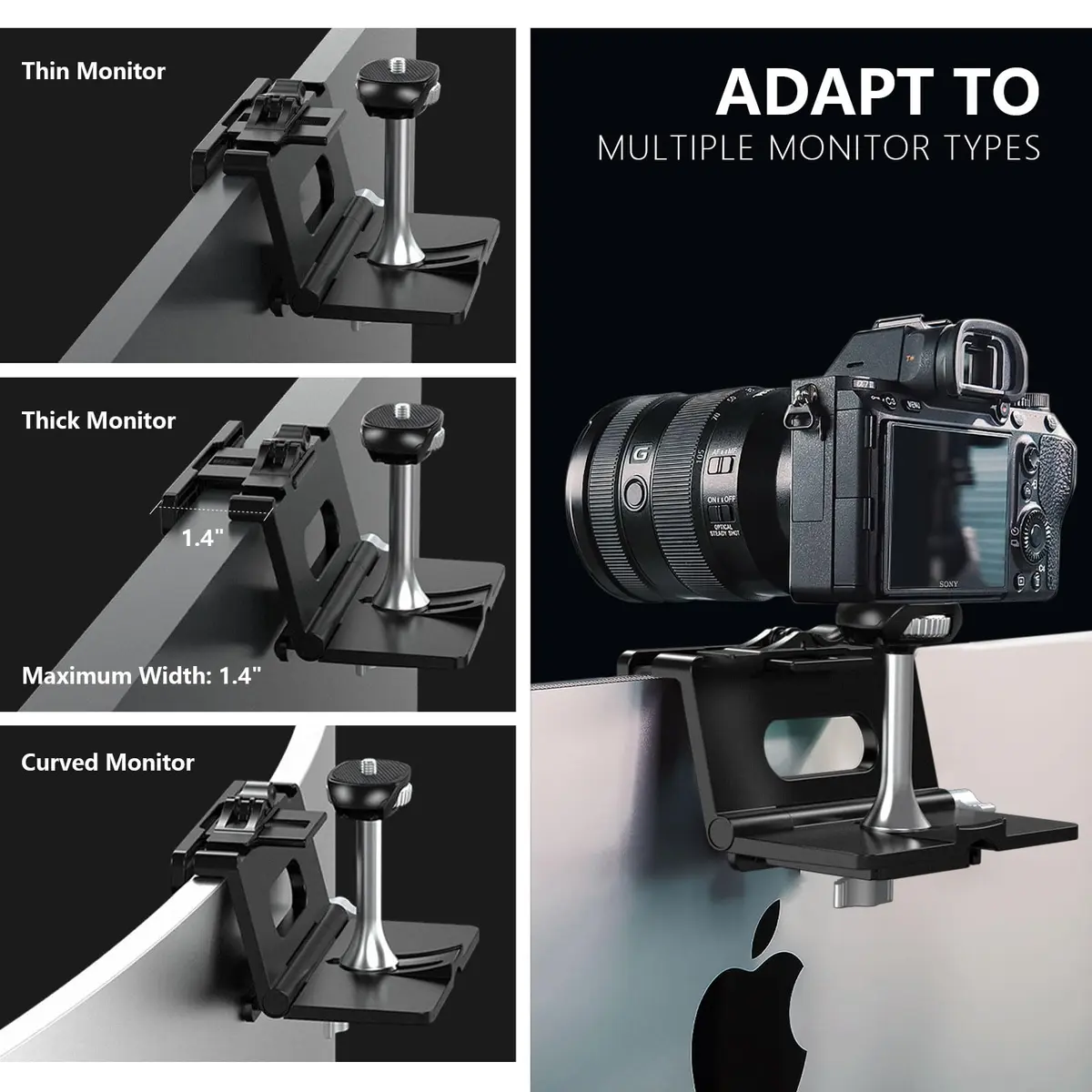 RAUBAY Monitor Camera Mount, Curved Screen Clamp, 1/4" Screw, CM02 | Adjustable, Space-Saving Webcam Clamp for Curved Monitors - view 3