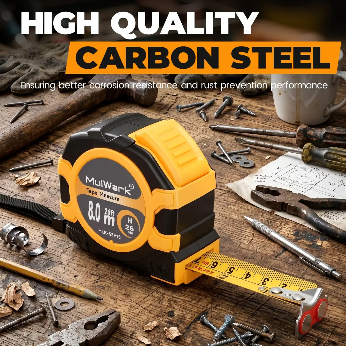 MulWark 26ft (8m) Retractable Tape Measure with Double Secure Blade Lock & Magnetic Hook | Professional Grade for Construction & Woodworking - view 5