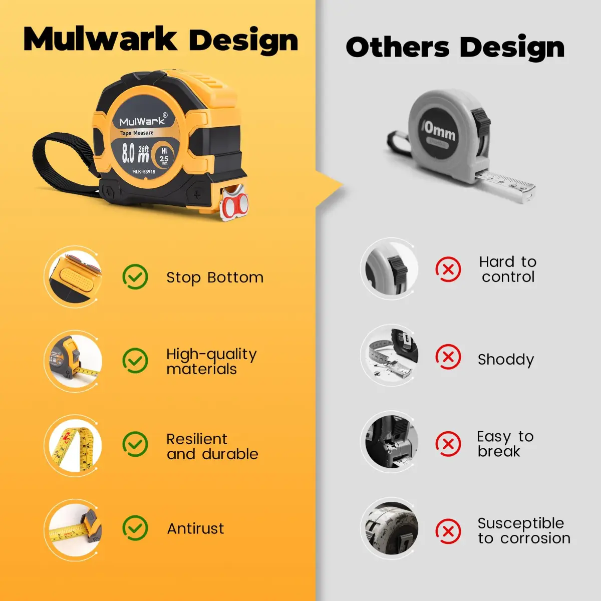 MulWark 26ft (8m) Retractable Tape Measure with Double Secure Blade Lock & Magnetic Hook | Professional Grade for Construction & Woodworking - view 6