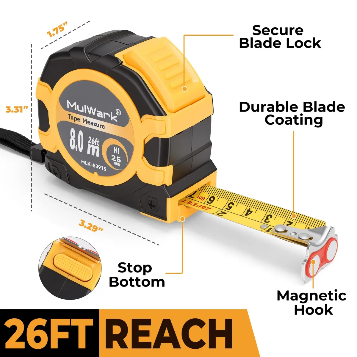 MulWark 26ft (8m) Retractable Tape Measure with Double Secure Blade Lock & Magnetic Hook | Professional Grade for Construction & Woodworking - view 2
