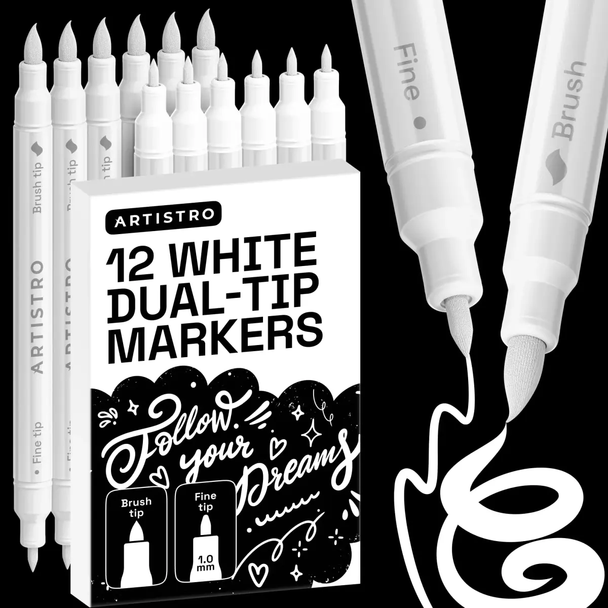 ARTISTRO White Dual-Tip Acrylic Paint Marker Pens (12 Count) | ASTM D-4236 Certified Non-Toxic - main product image