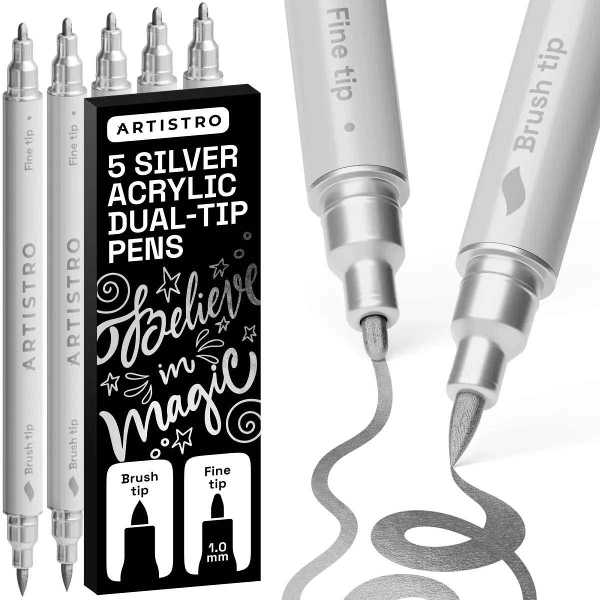 ARTISTRO Silver Dual-Tip Acrylic Paint Marker Pens 5-Pack | ASTM D-4236 Certified - main product image