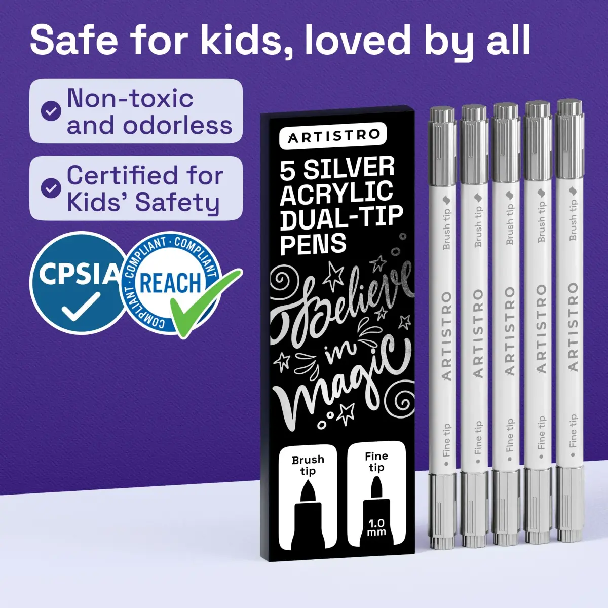 ARTISTRO Silver Dual-Tip Acrylic Paint Marker Pens 5-Pack | ASTM D-4236 Certified - view 6