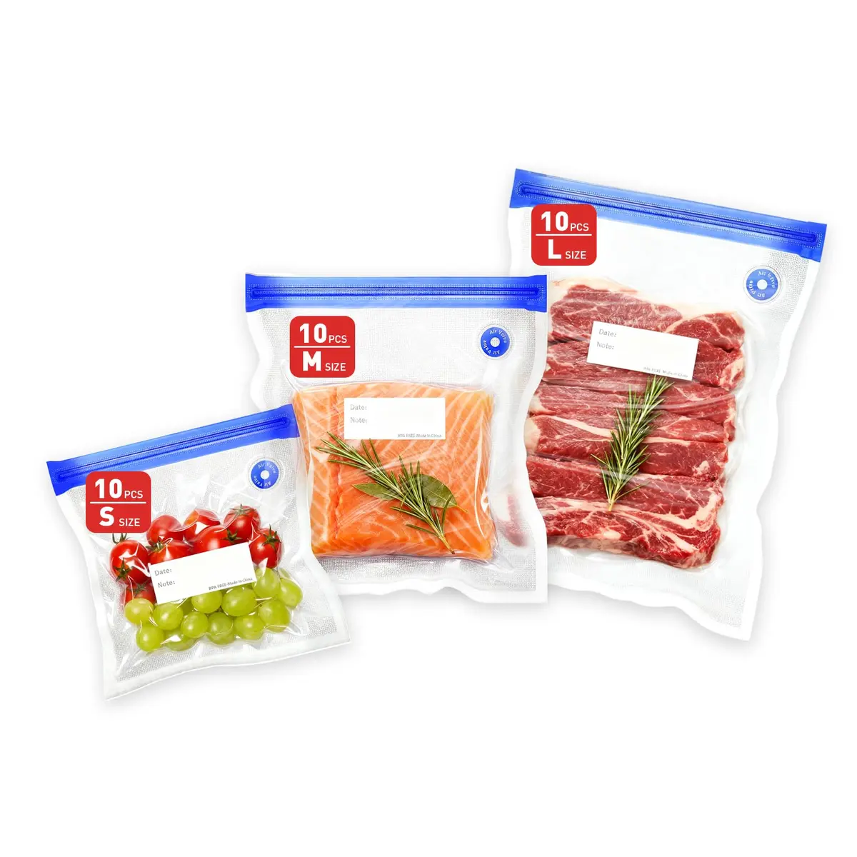 ZABINS Reusable Vacuum Sealer Bags (30 Pcs, 10 S + 10 M + 10 L) | BPA-Free Food Storage for Sous Vide, Freezer, Microwave - main product image