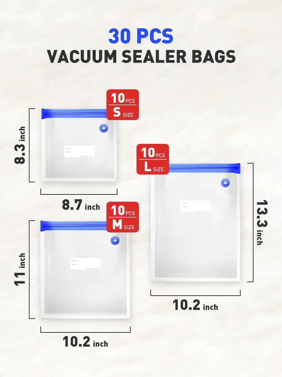 ZABINS Reusable Vacuum Sealer Bags (30 Pcs, 10 S + 10 M + 10 L) | BPA-Free Food Storage for Sous Vide, Freezer, Microwave - view 2