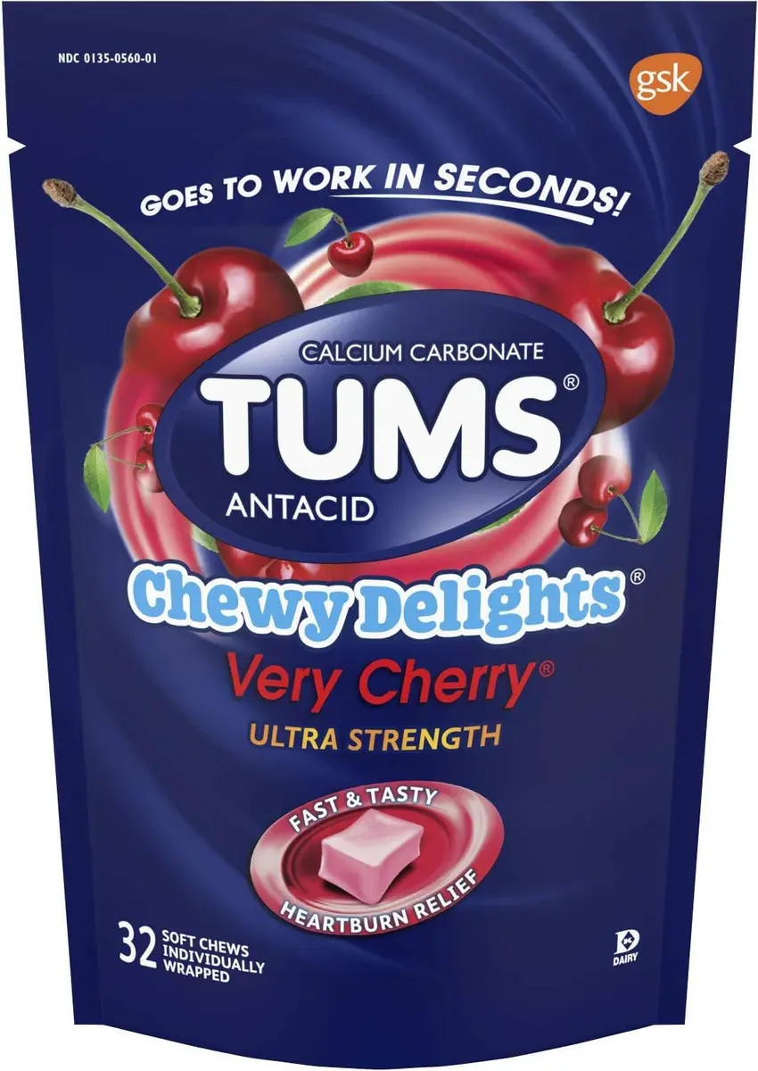 TUMS Chewy Delights Ultra Strength Antacid Soft Chews 32 Count | Fast Heartburn Relief, Cherry Flavor - main product image