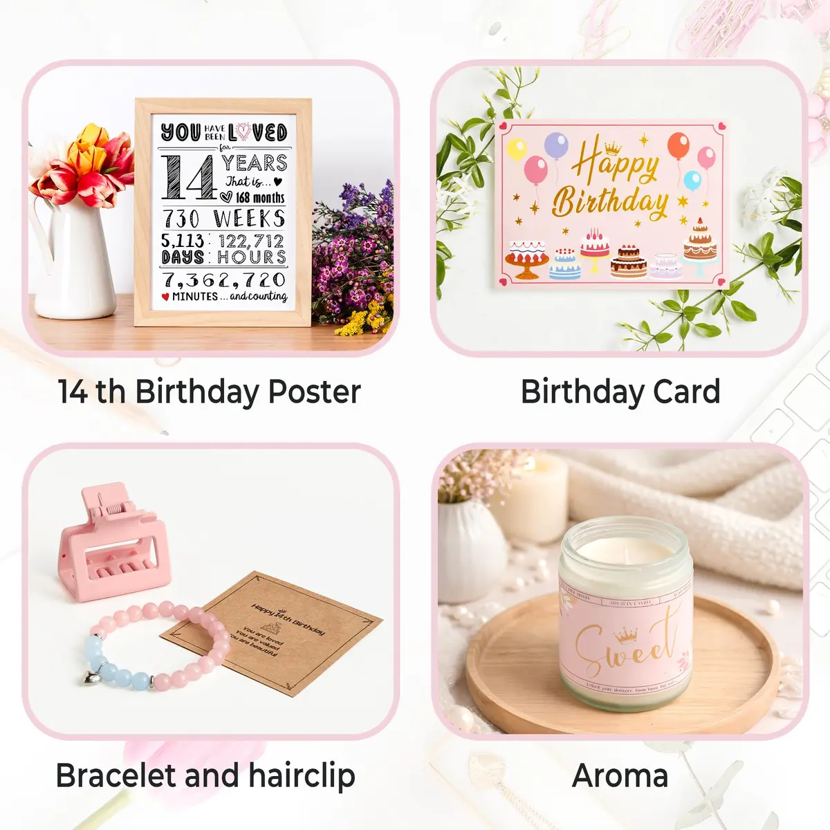 Mirasphere 14th Birthday Gift Set for Girls - 11 Pieces - 24oz Tumbler & Bracelet, Candle, Mirror, Cosmetic Bag, Bath Salts, Poster, Socks, Hair Band, Bobby Pins, Card - view 6