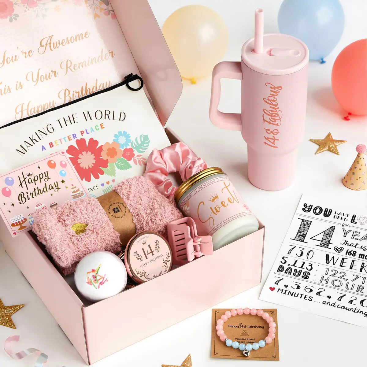 Mirasphere 14th Birthday Gift Set for Girls - 11 Pieces - 24oz Tumbler & Bracelet, Candle, Mirror, Cosmetic Bag, Bath Salts, Poster, Socks, Hair Band, Bobby Pins, Card - view 2