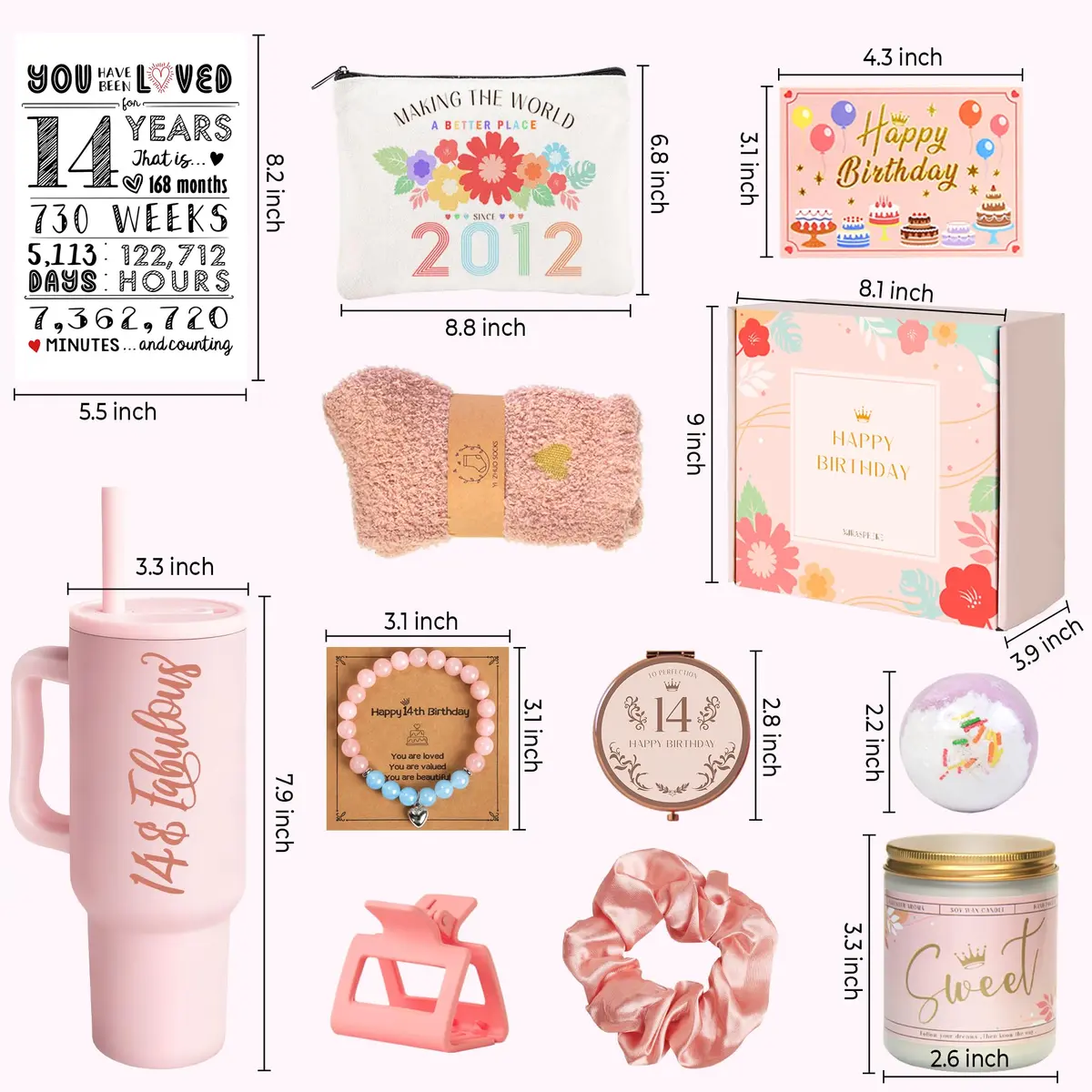 Mirasphere 14th Birthday Gift Set for Girls - 11 Pieces - 24oz Tumbler & Bracelet, Candle, Mirror, Cosmetic Bag, Bath Salts, Poster, Socks, Hair Band, Bobby Pins, Card - view 3