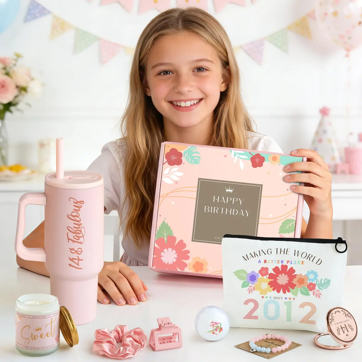 Mirasphere 14th Birthday Gift Set for Girls - 11 Pieces - 24oz Tumbler & Bracelet, Candle, Mirror, Cosmetic Bag, Bath Salts, Poster, Socks, Hair Band, Bobby Pins, Card - view 4