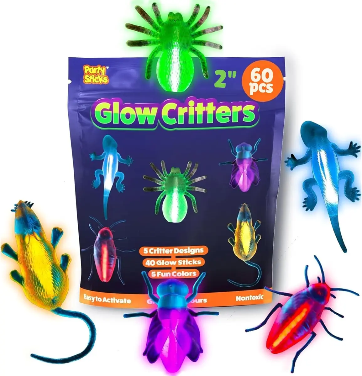 PartySticks Glow Critters 60ct | Glow in The Dark Party Favors for Kids & Adults - main product image