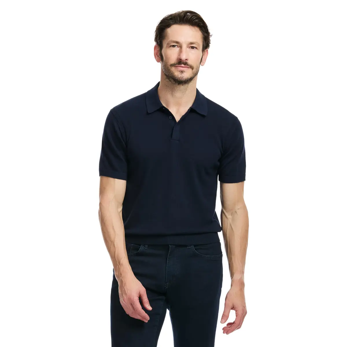 SAKS Fifth Avenue Men's Short Sleeve Rib Knit Sweater Polo | Premium Cotton Blend Knit Top, Classic-Fit & Richly Detailed, Navy, XXL - main product image