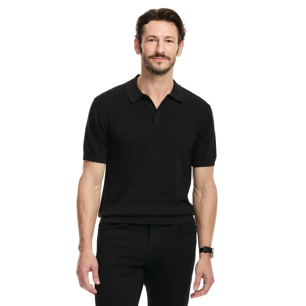 SAKS Fifth Avenue Men's Short Sleeve Rib Knit Sweater Polo, Premium Cotton Blend Knit Top, Classic-Fit & Richly Detailed, Black, S | Modern Casual Elegance - main product image