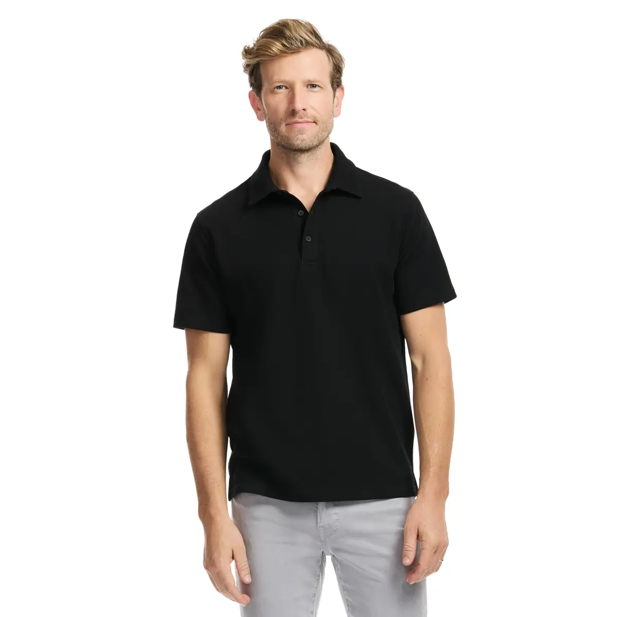 SAKS FIFTH AVENUE Men's Short Sleeve Textured Pique Polo | Premium Cotton Blend Knit Top, Classic-Fit & Richly Detailed, Black, M - main product image