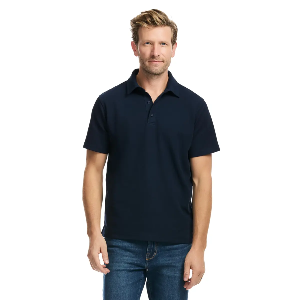 SAKS Fifth Avenue Men's Short Sleeve Textured Pique Polo, Premium Cotton Blend Knit Top, Navy, L | Classic-Fit & Richly Detailed - main product image