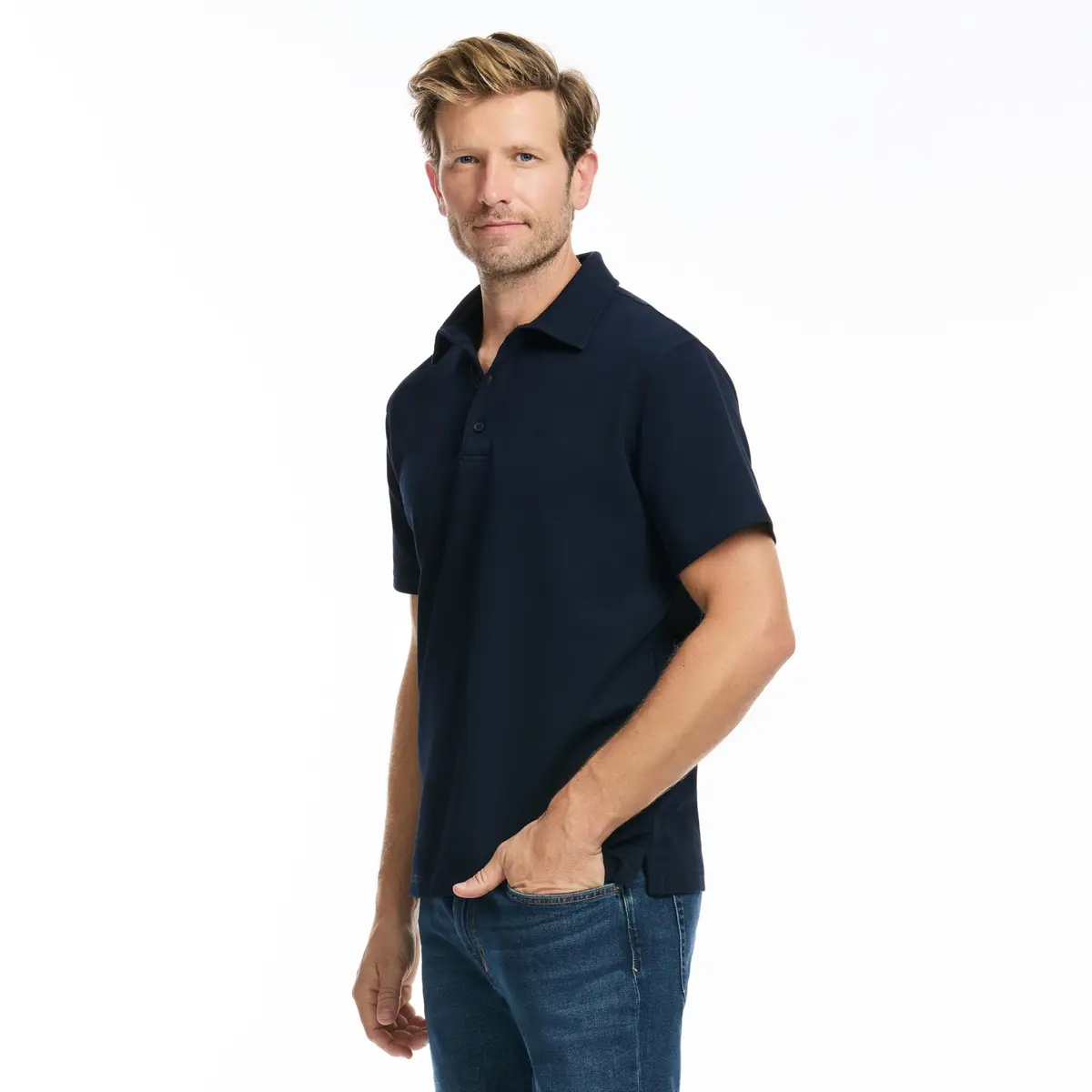 SAKS Fifth Avenue Men's Short Sleeve Textured Pique Polo, Premium Cotton Blend Knit Top, Navy, L | Classic-Fit & Richly Detailed - view 3