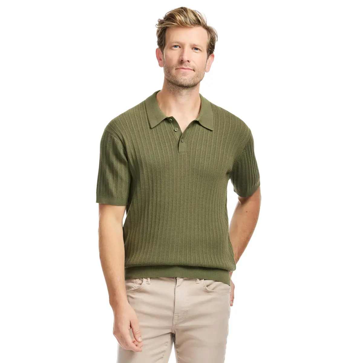SAKS Fifth Avenue Men's Short Sleeve Vertical Texture Rib Knit Sweater Polo | Premium Cotton Blend Knit Top, Classic-Fit & Richly Detailed (70-120c) - main product image
