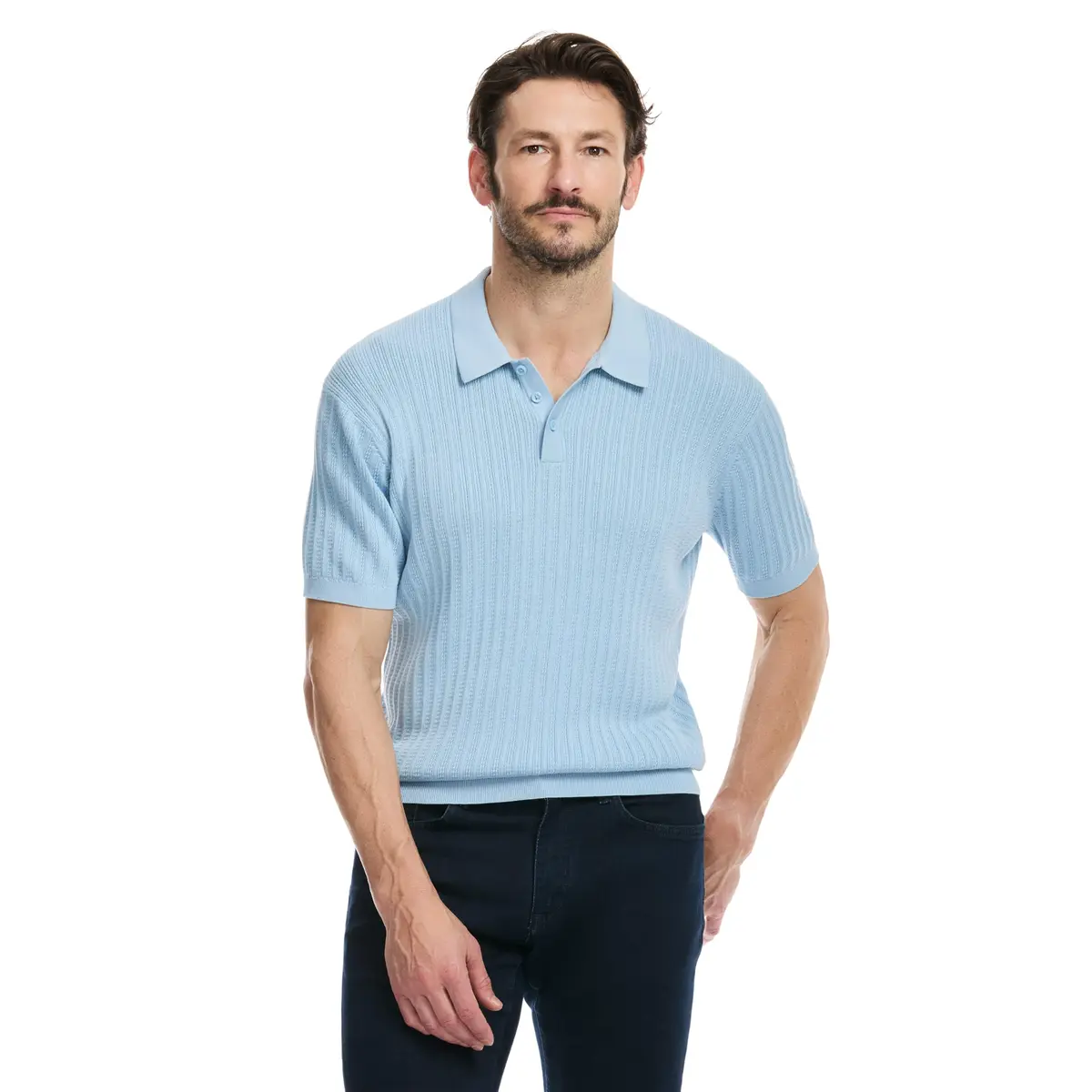 SAKS Fifth Avenue Men's Short Sleeve Vertical Texture Rib Knit Sweater Polo, Premium Cotton Blend Knit Top, Classic-Fit & Richly Detailed, Sky Blue, M - main product image