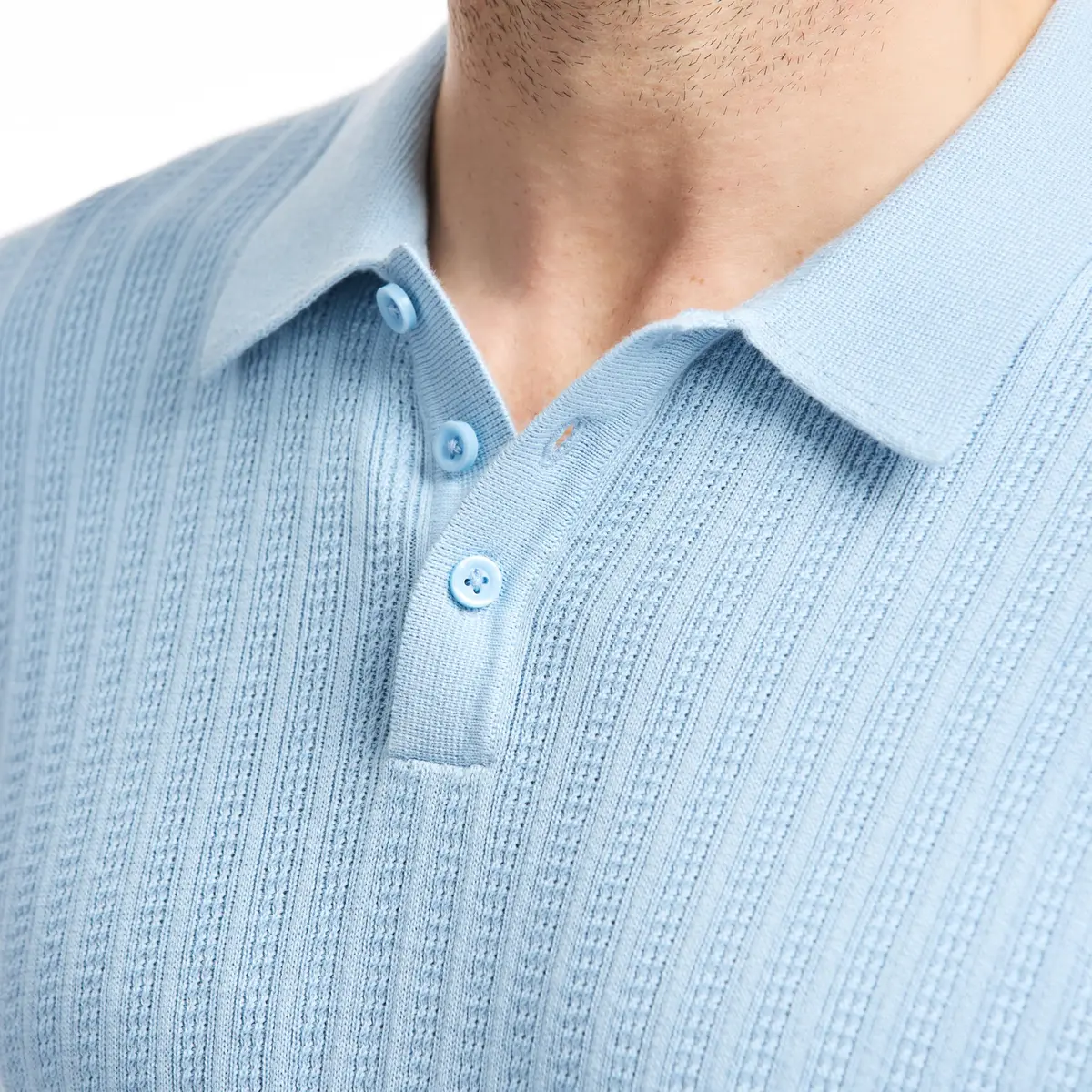 SAKS Fifth Avenue Men's Short Sleeve Vertical Texture Rib Knit Sweater Polo, Premium Cotton Blend Knit Top, Classic-Fit & Richly Detailed, Sky Blue, M - view 2