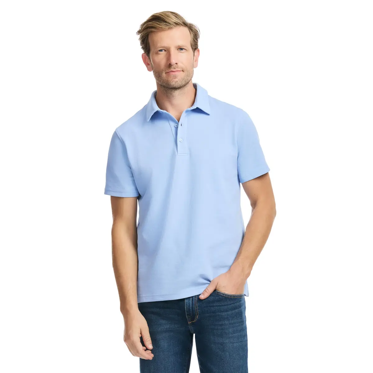 SAKS Fifth Avenue Men's Short Sleeve Textured Pique Polo, Premium Cotton Blend Knit Top, Classic-Fit & Richly Detailed | Sky Blue XS - main product image