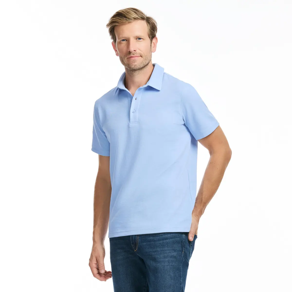 SAKS Fifth Avenue Men's Short Sleeve Textured Pique Polo, Premium Cotton Blend Knit Top, Classic-Fit & Richly Detailed | Sky Blue XS - view 3