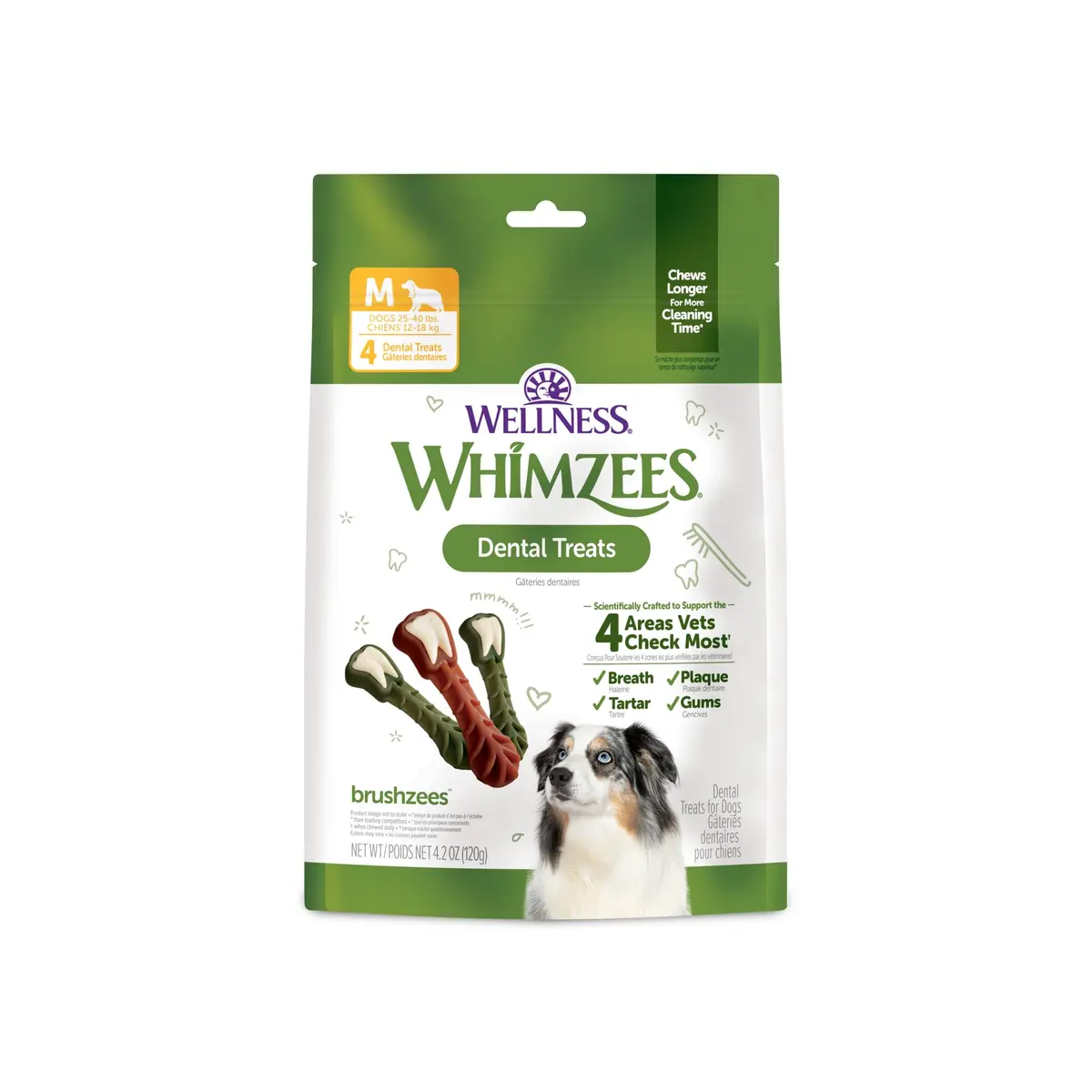 Whimzees Brushzees Natural Dog Dental Treat Medium Size 4 Count | VOHC Accepted Chews for Dogs - main product image