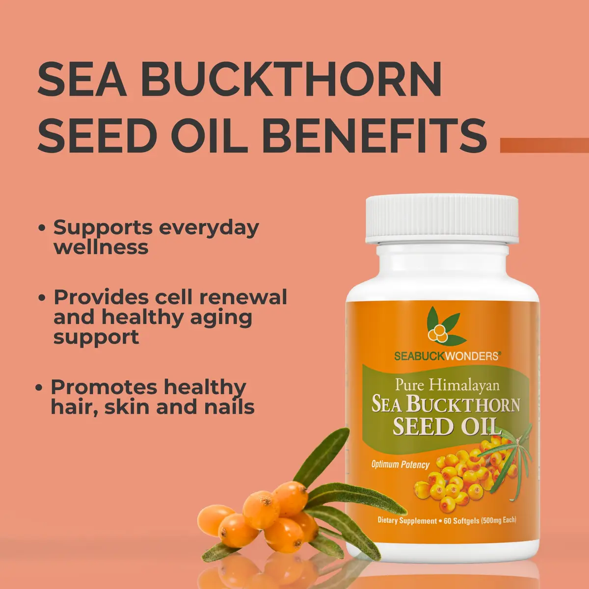 SeabuckWonders Organic Sea Buckthorn Seed Oil 60 Softgels | Omega 3, 6 & 9 Support for Skin & Hair - view 2