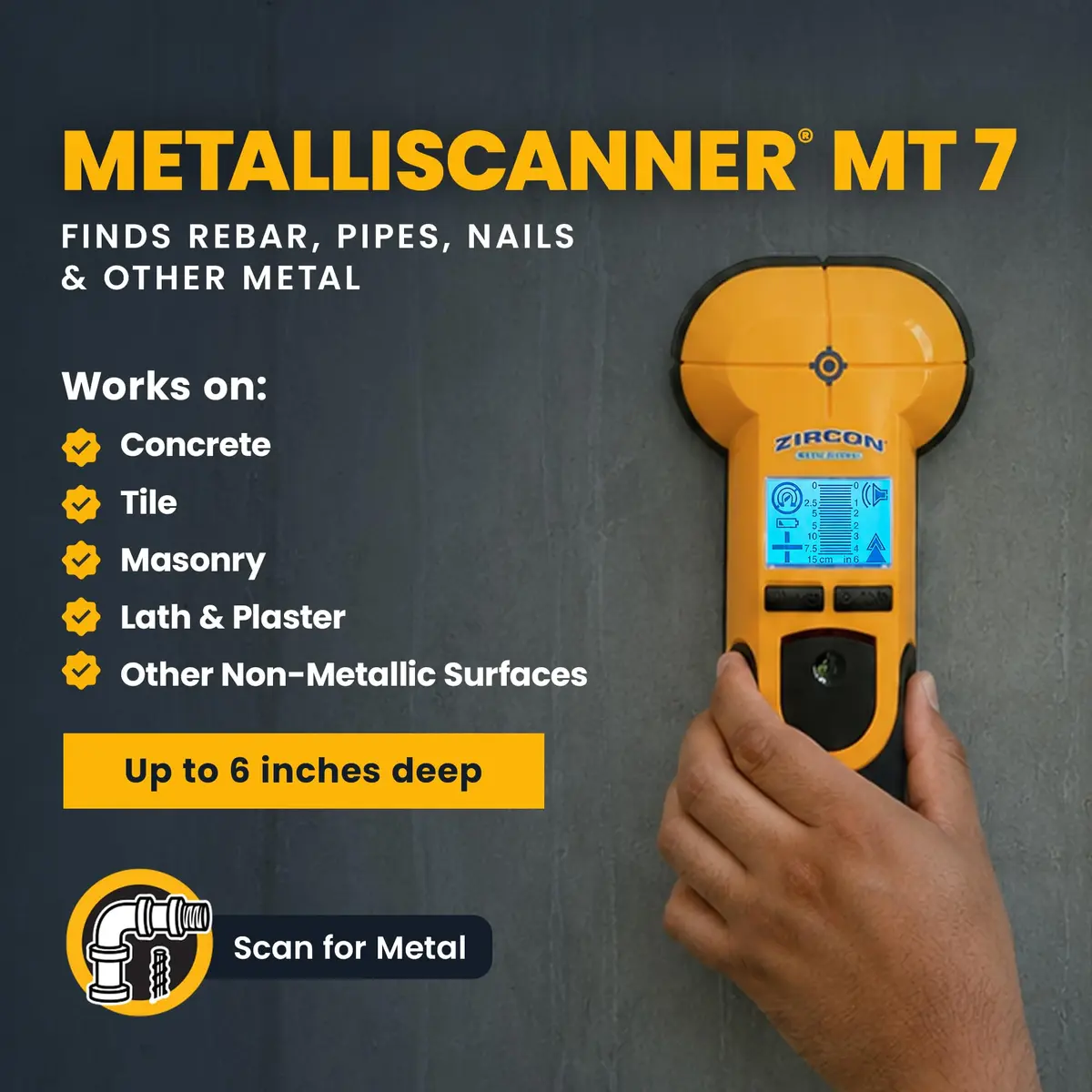 Zircon MetalliScanner MT7 Metal Scanner for Concrete & Walls, 6 in. Deep | Wall & Floor Metal Detection - view 2