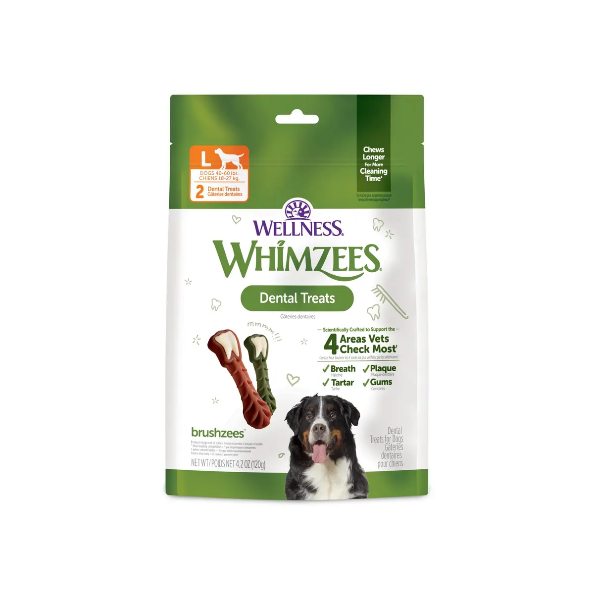 Whimzees Natural Dog Dental Treat Large Size 4.2 oz (119 g) Bag, 2 Count | VOHC Accepted Chews for Plaque & Tartar Control - main product image