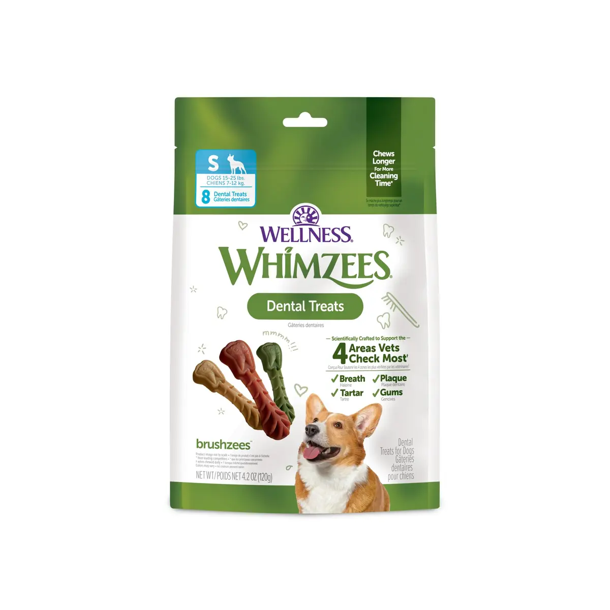 Whimzees Brushzees Natural Dog Dental Treat Small Size 4.2 oz (119 g) Bag, 8 Count | VOHC Accepted Chews for Daily Dental Care - main product image