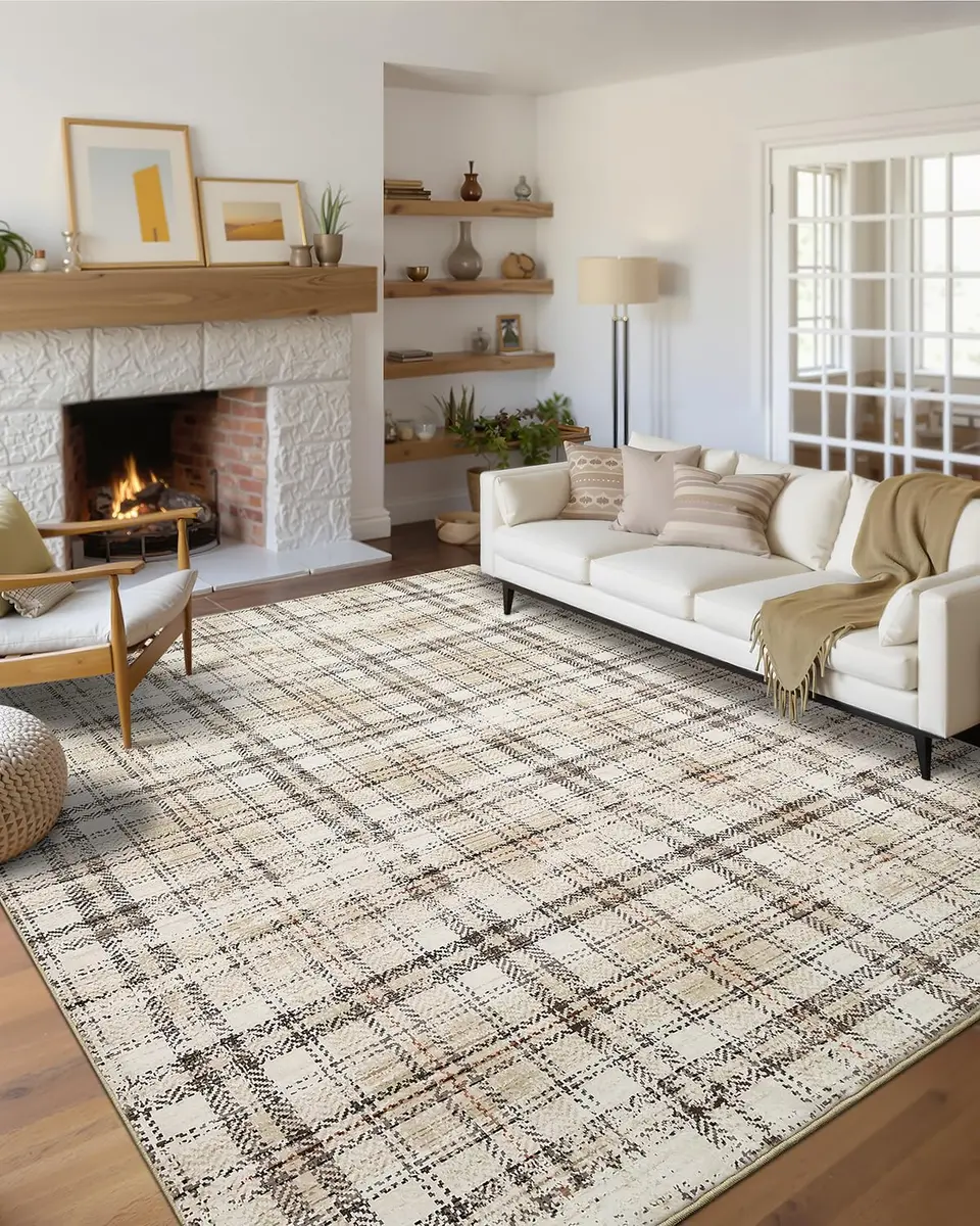SLEKVERSA Plaid Rug 9x12 | Modern Geometric Indoor Area Rug Beige - main product image