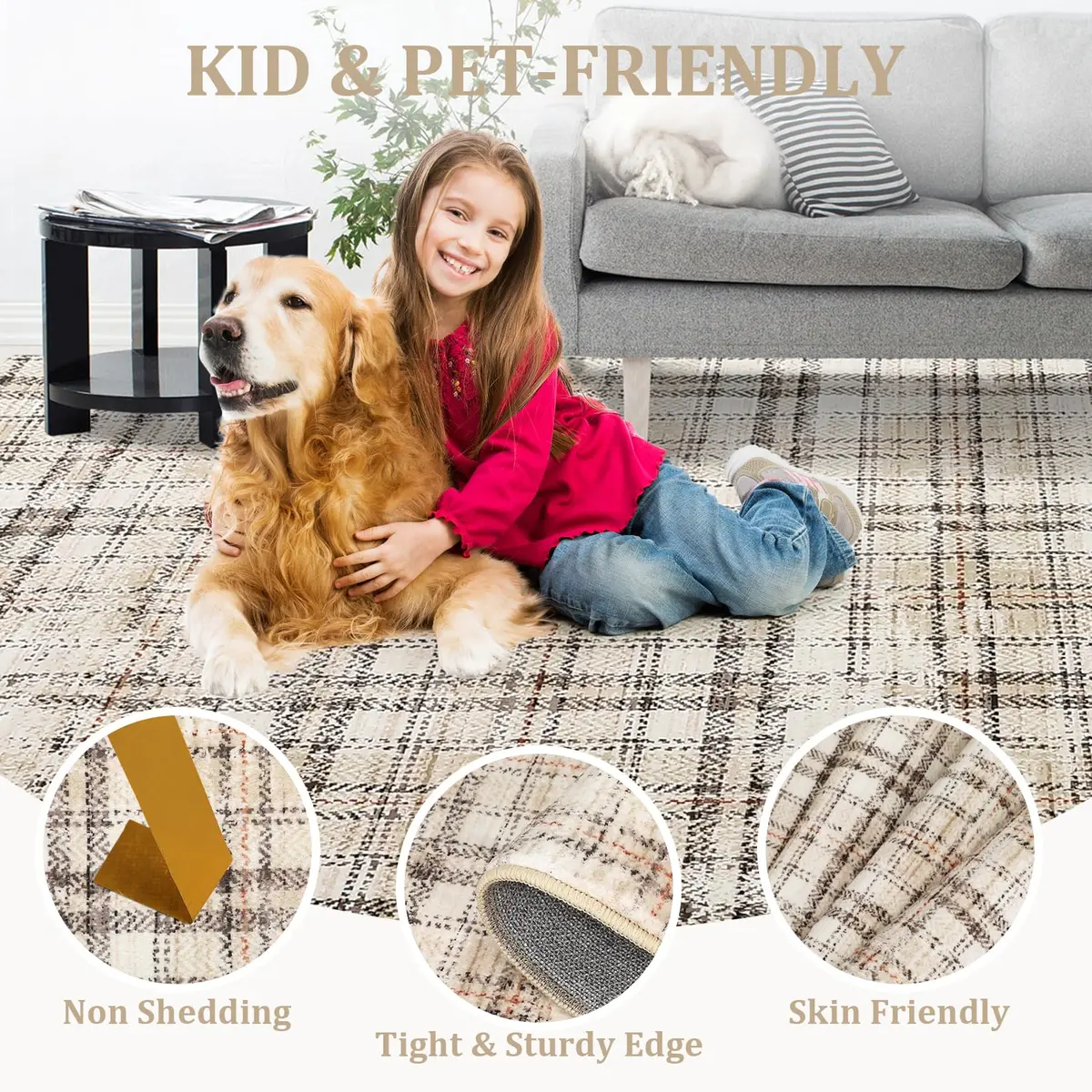 SLEKVERSA Plaid Rug 9x12 | Modern Geometric Indoor Area Rug Beige - view 7