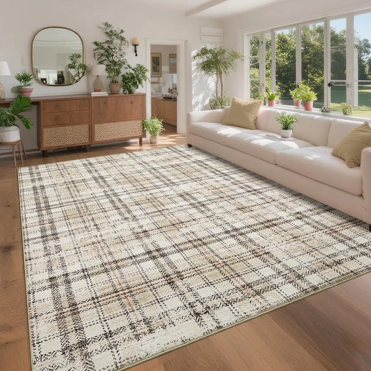 SLEKVERSA Plaid Rug 9x12 | Modern Geometric Indoor Area Rug Beige - view 9