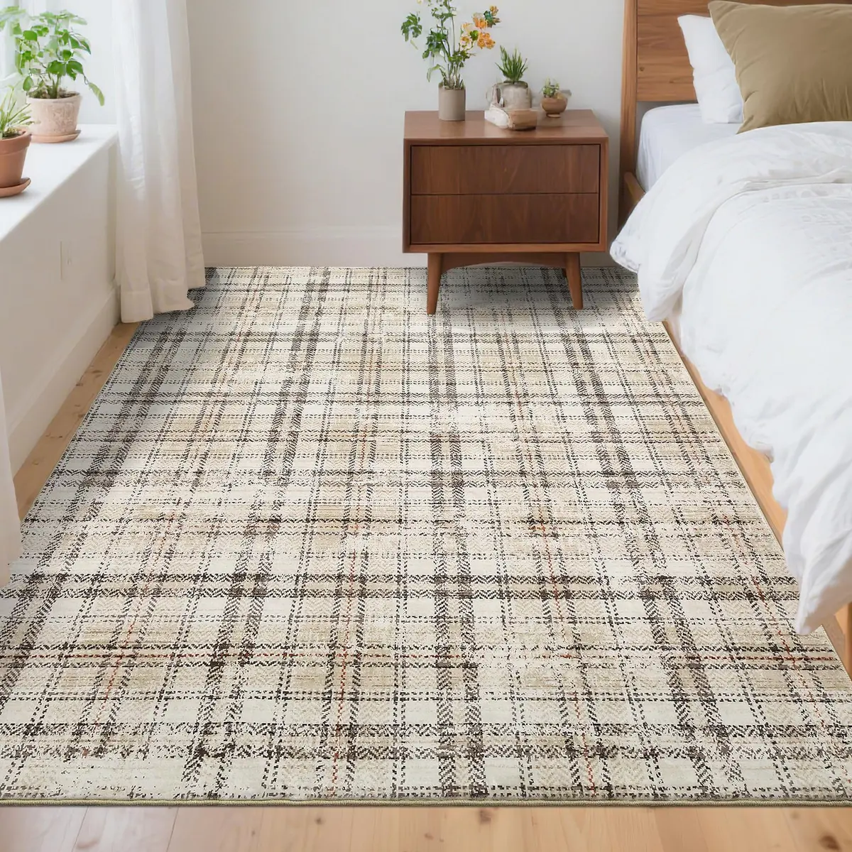 SLEKVERSA Plaid Rug 9x12 | Modern Geometric Indoor Area Rug Beige - view 2