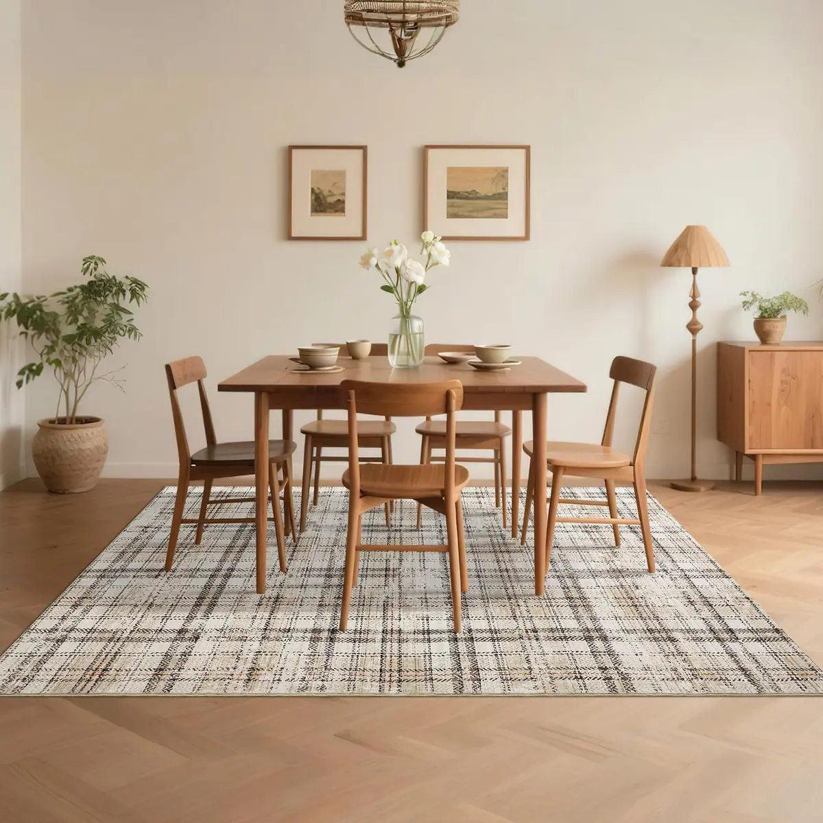 SLEKVERSA Plaid Rug 9x12 | Modern Geometric Indoor Area Rug Beige - view 4