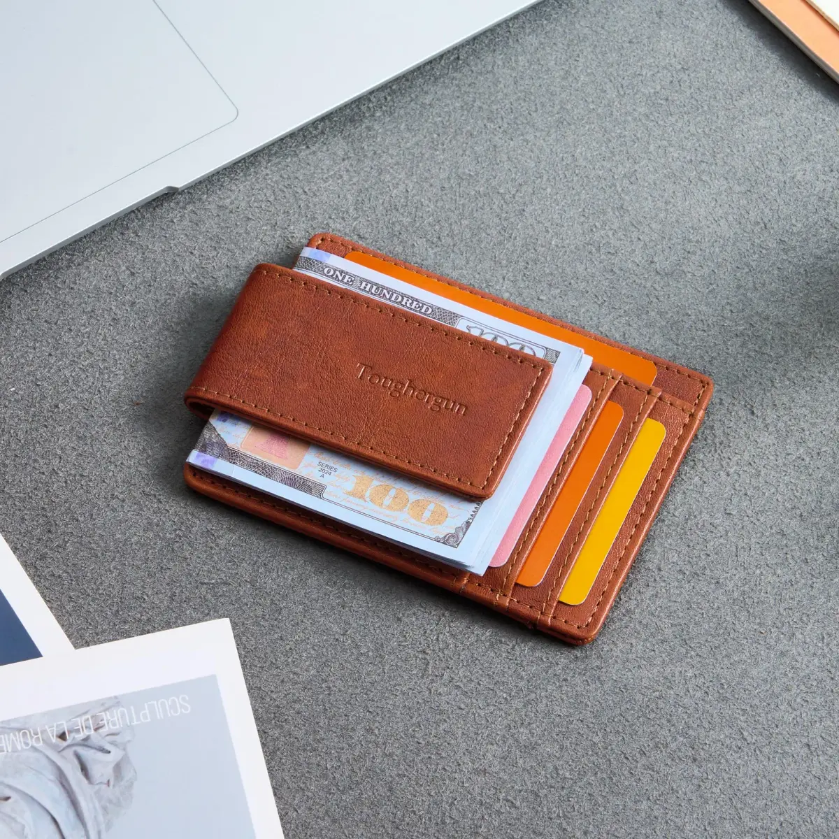 Toughergun Slim Wallet for Men RFID Blocking Money Clip, Minimalist Front Pocket Credit Card Holder, Magnetic Thin Mens Wallets with ID Window (Russet Brown, 4" x 3" x 0.3") - view 3