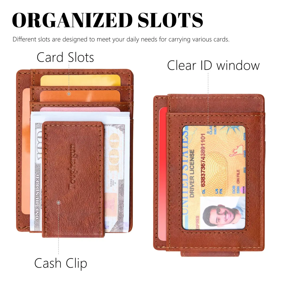 Toughergun Slim Wallet for Men RFID Blocking Money Clip, Minimalist Front Pocket Credit Card Holder, Magnetic Thin Mens Wallets with ID Window (Russet Brown, 4" x 3" x 0.3") - view 4