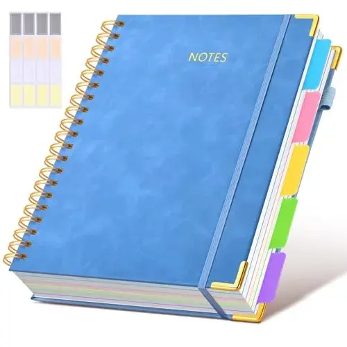dilitego Hardcover Spiral Notebook Journal with Dividers, 300 Pages Leather 5 Subject Notebook, 8"x10" B5, Light Blue - main product image