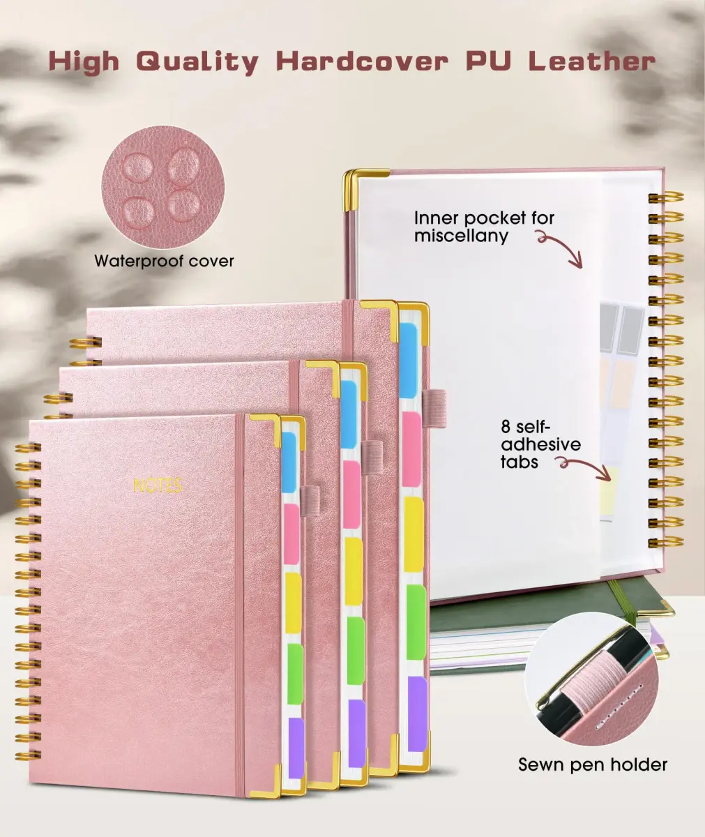 dilitego Leather Spiral Notebook Journal 8"x10" (300 Pages, Rose Gold) | Acid-Free Paper College Ruled - view 3